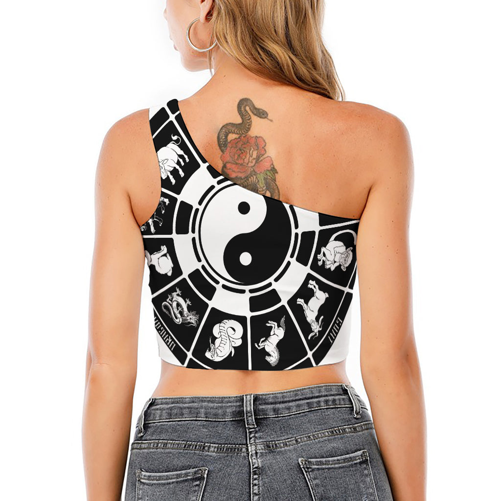 Black And White Chinese Zodiac Print One Shoulder Crop Top