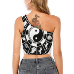 Black And White Chinese Zodiac Print One Shoulder Crop Top
