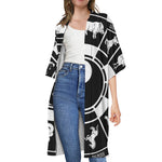Black And White Chinese Zodiac Print Open Front Beach Cover Up