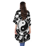 Black And White Chinese Zodiac Print Open Front Beach Cover Up