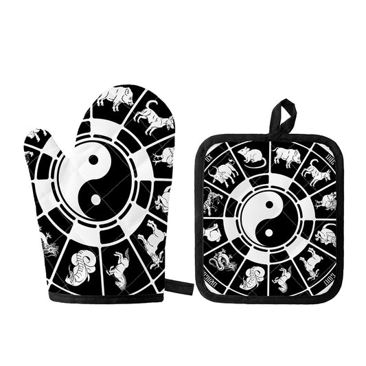 Black And White Chinese Zodiac Print Oven Mitt And Pot Holder Set