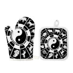 Black And White Chinese Zodiac Print Oven Mitt And Pot Holder Set