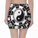Black And White Chinese Zodiac Print Pencil Mini Skirt