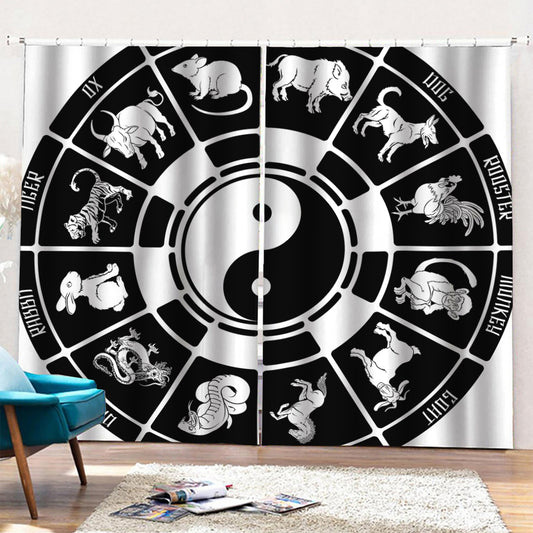 Black And White Chinese Zodiac Print Pencil Pleat Curtains