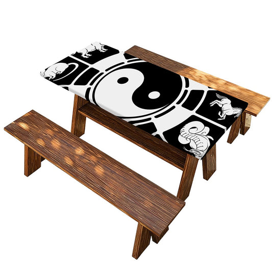 Black And White Chinese Zodiac Print Picnic Table Cover