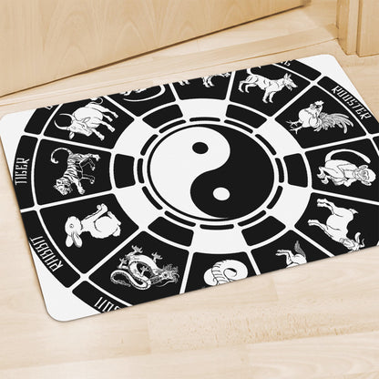 Black And White Chinese Zodiac Print Polyester Doormat