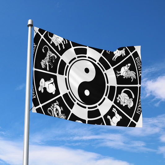 Black And White Chinese Zodiac Print Polyester Flag