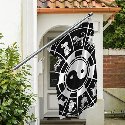 Black And White Chinese Zodiac Print Polyester Flag