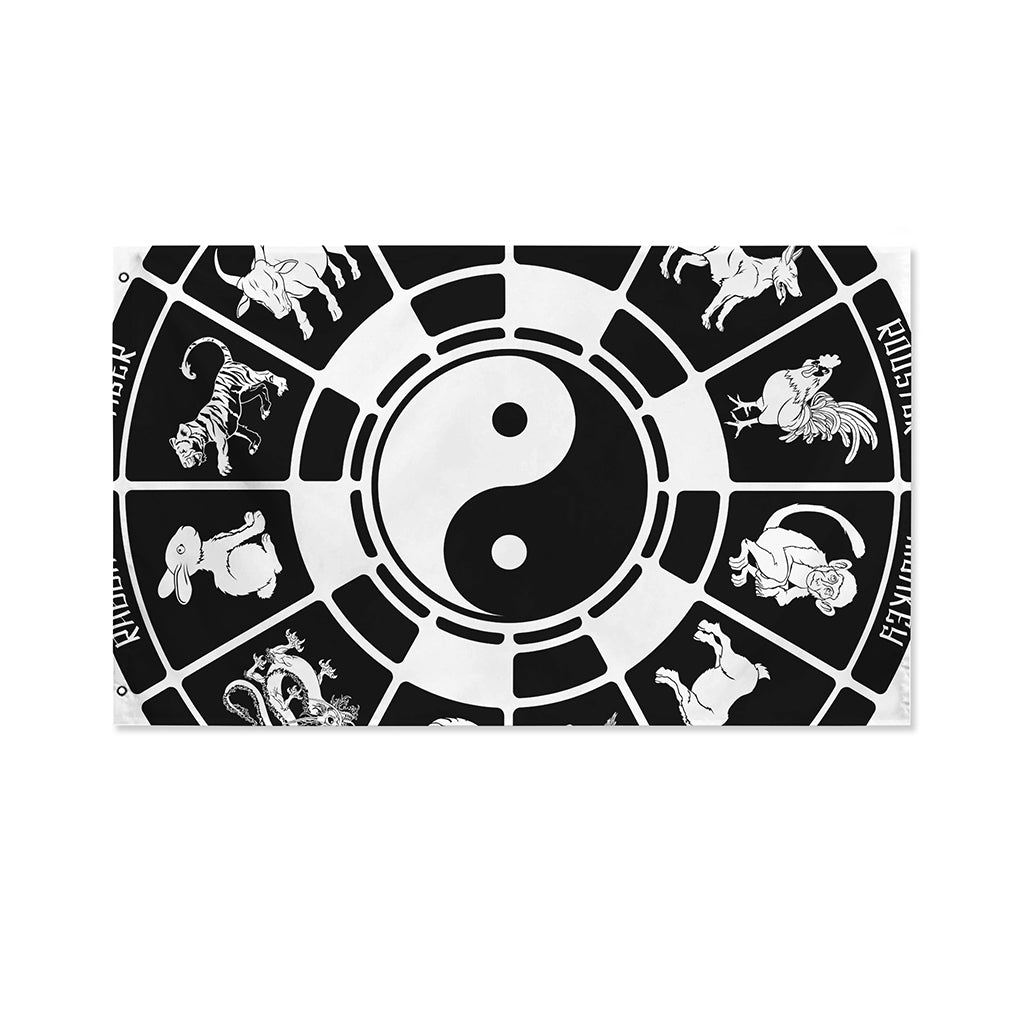 Black And White Chinese Zodiac Print Polyester Flag