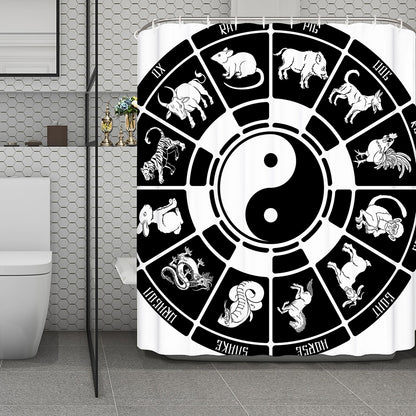 Black And White Chinese Zodiac Print Polyester Shower Curtain