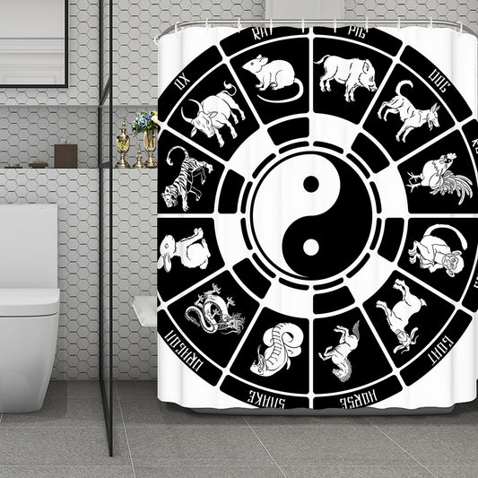 Black And White Chinese Zodiac Print Polyester Shower Curtain