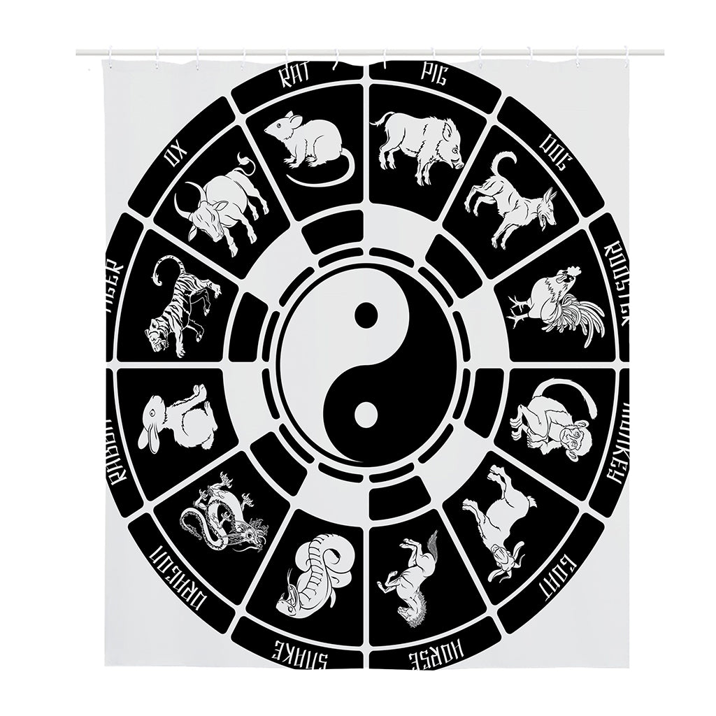Black And White Chinese Zodiac Print Polyester Shower Curtain