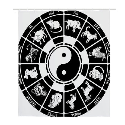Black And White Chinese Zodiac Print Polyester Shower Curtain