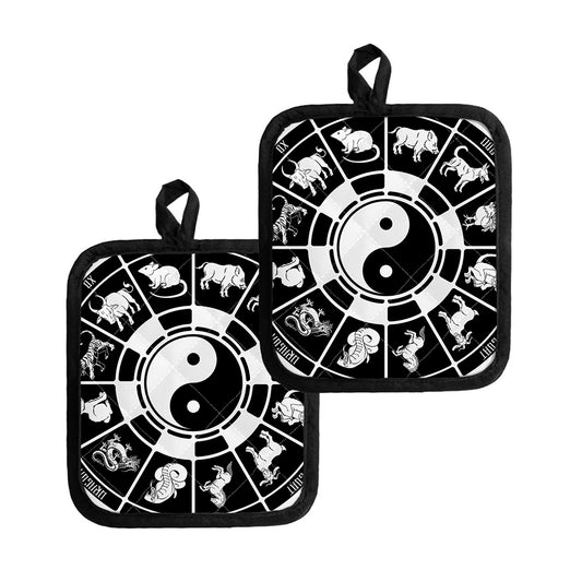 Black And White Chinese Zodiac Print Pot Holders