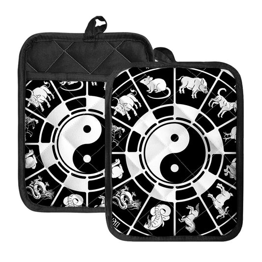 Black And White Chinese Zodiac Print Pot Holders With Pocket