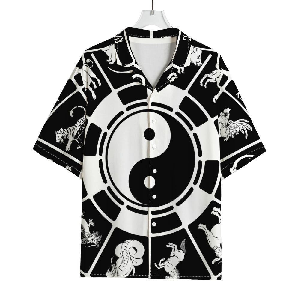 Black And White Chinese Zodiac Print Rayon Hawaiian Shirt