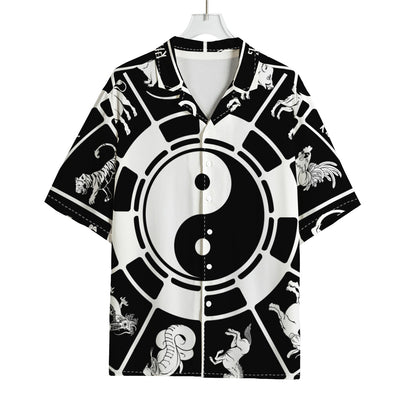 Black And White Chinese Zodiac Print Rayon Hawaiian Shirt