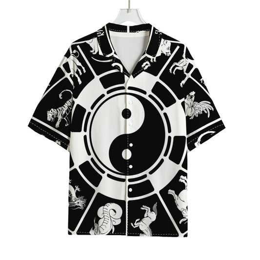 Black And White Chinese Zodiac Print Rayon Hawaiian Shirt