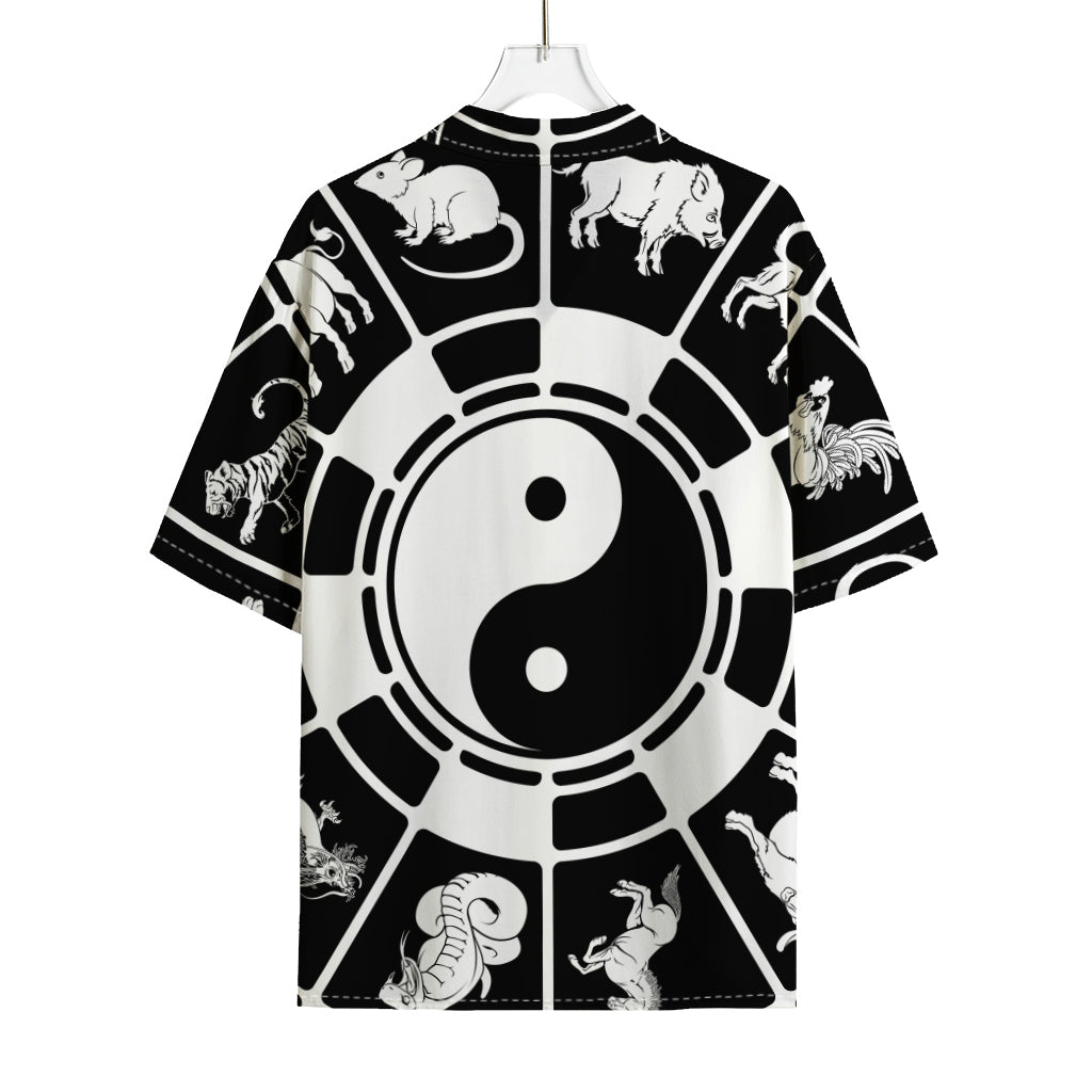 Black And White Chinese Zodiac Print Rayon Hawaiian Shirt