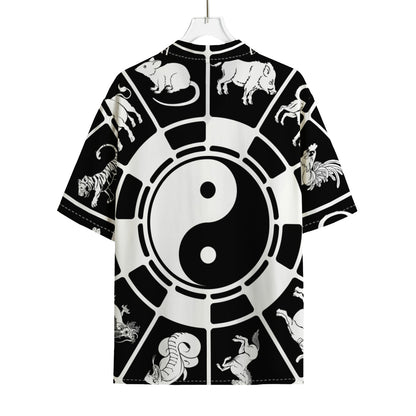 Black And White Chinese Zodiac Print Rayon Hawaiian Shirt