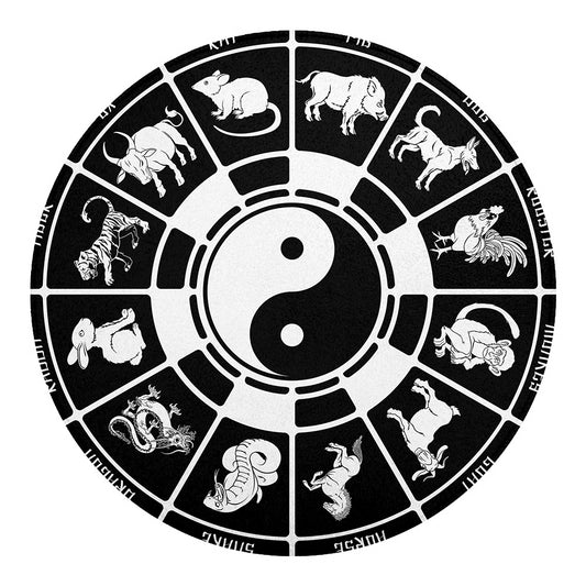 Black And White Chinese Zodiac Print Round Blanket