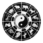Black And White Chinese Zodiac Print Round Blanket