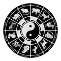 Black And White Chinese Zodiac Print Round Floor Mat
