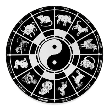 Black And White Chinese Zodiac Print Round Floor Mat