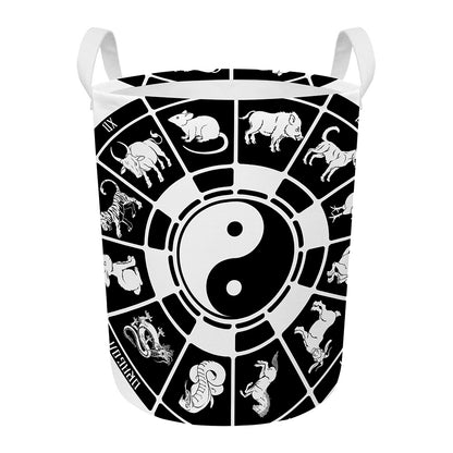 Black And White Chinese Zodiac Print Round Laundry Basket