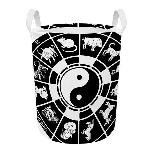 Black And White Chinese Zodiac Print Round Laundry Basket
