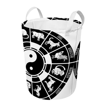 Black And White Chinese Zodiac Print Round Laundry Basket