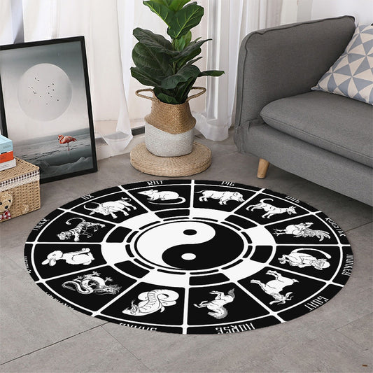 Black And White Chinese Zodiac Print Round Rug