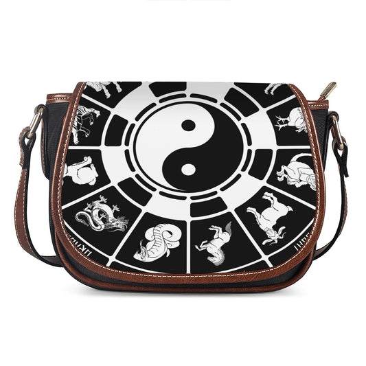 Black And White Chinese Zodiac Print Saddle Bag