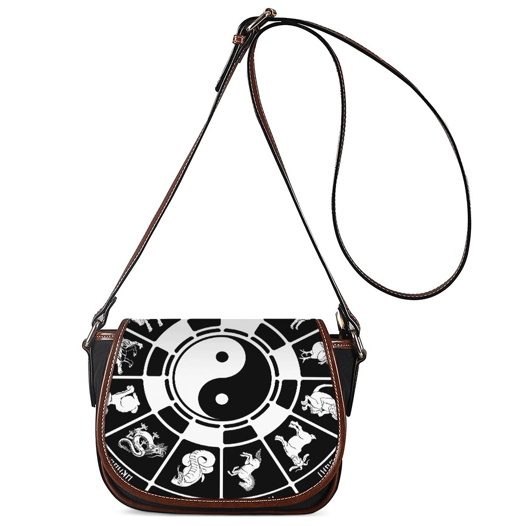 Black And White Chinese Zodiac Print Saddle Bag