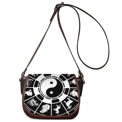 Black And White Chinese Zodiac Print Saddle Bag