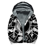 Black And White Chinese Zodiac Print Sherpa Lined Zip Up Hoodie