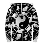 Black And White Chinese Zodiac Print Sherpa Lined Zip Up Hoodie
