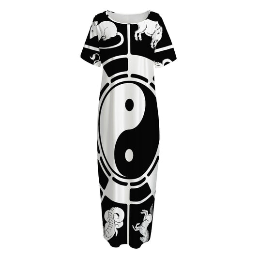 Black And White Chinese Zodiac Print Short Sleeve Long Nightdress