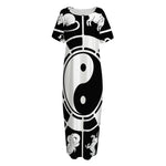 Black And White Chinese Zodiac Print Short Sleeve Long Nightdress