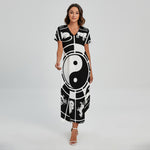 Black And White Chinese Zodiac Print Short Sleeve Maxi Dress