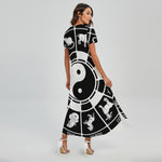 Black And White Chinese Zodiac Print Short Sleeve Maxi Dress