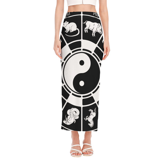 Black And White Chinese Zodiac Print Side Slit Maxi Skirt