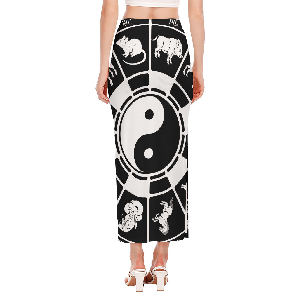 Black And White Chinese Zodiac Print Side Slit Maxi Skirt