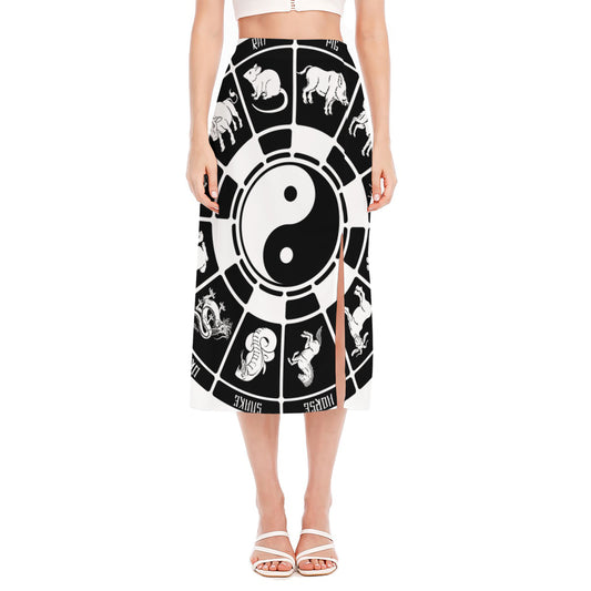 Black And White Chinese Zodiac Print Side Slit Midi Skirt