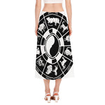 Black And White Chinese Zodiac Print Side Slit Midi Skirt