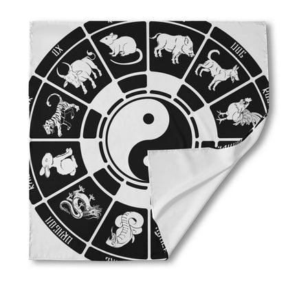 Black And White Chinese Zodiac Print Silk Bandana
