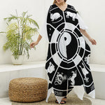 Black And White Chinese Zodiac Print Silk V-Neck Kaftan Dress