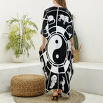 Black And White Chinese Zodiac Print Silk V-Neck Kaftan Dress