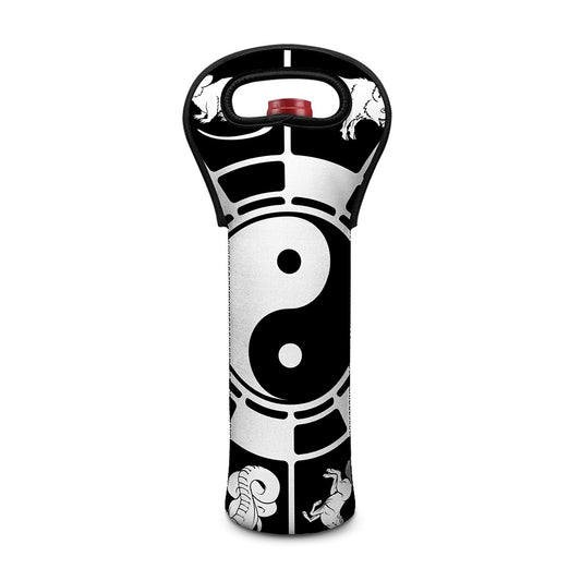 Black And White Chinese Zodiac Print Single Neoprene Wine Tote