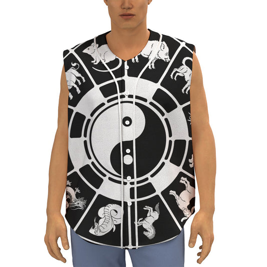 Black And White Chinese Zodiac Print Sleeveless Baseball Jersey